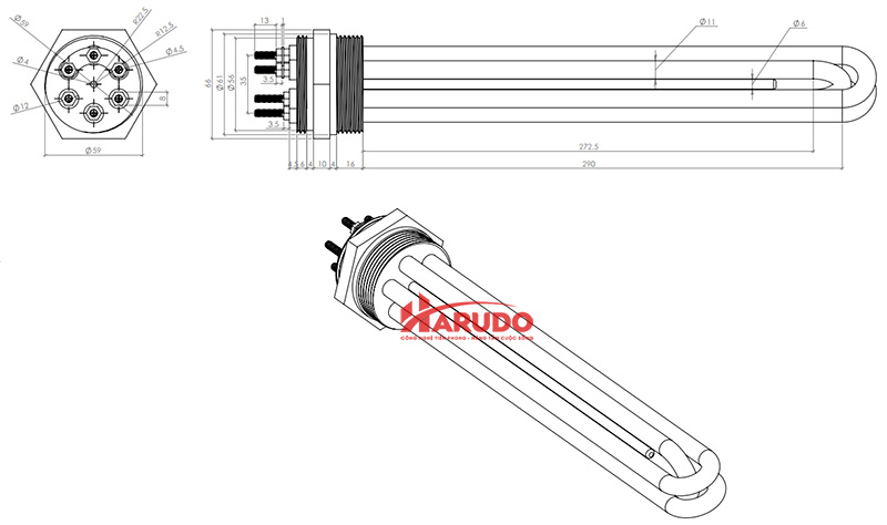 Cấu tạo của điện trở gia nhiệt Ø11 x U1500 – ren 59 – 7kW – 220V/380V