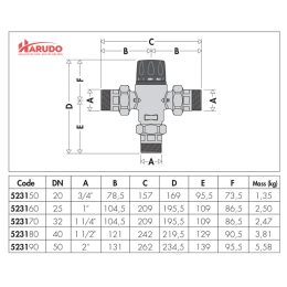 Thông số kỹ thuật của van trộn nước nóng lạnh tự động Caleffi DN50 PN14