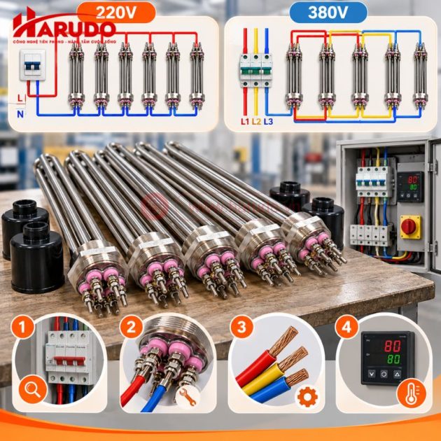 Các bước đấu nối điện 220V/380V cho thanh nhiệt Harudo 12KW R59