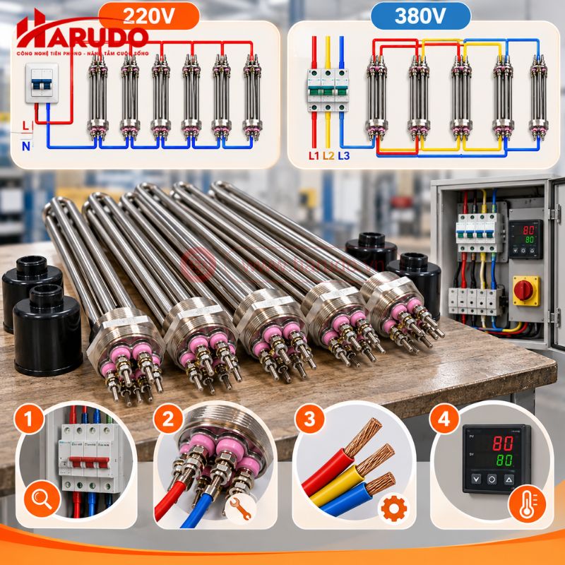 Các bước đấu nối điện 220V/380V cho thanh nhiệt Harudo 12KW R59